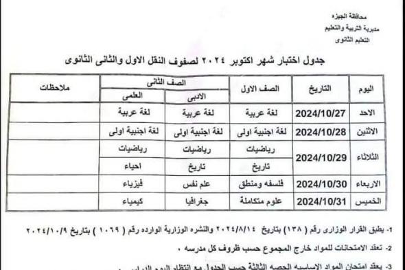 جداول اختبارات شهر أكتوبر لصفوف النقل بالجيزة (صور)الأربعاء 16/أكتوبر/2024 - 11:12 ص
وأوضحت مديرية التربية والتعليم بالجيزة أنه تعقد اختبارات شهر أكتوبر 2024 لصفوف النقل بداية