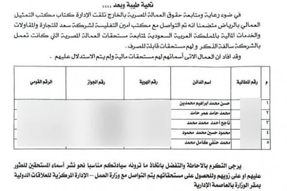 ابحث مع وزارة العمل، أسماء 5 مصريين كانوا يعملون بالسعودية ولهم مستحقات ماليةالخميس 02/يناير/2025 - 02:02 م
أكدت وزارة العمل ، اليوم الخميس،على وجود مُستحقات مالية لعمال مصريين كانوا يعملون لدى شركة سعد للتجارة والمقاولات والخدمات المالية بالمملكة العربية السعودية.